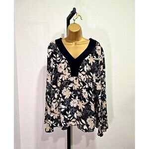 Lane Bryant Dark Floral Silk Top Flare Babydoll Womens 14 16 Black Tan Office